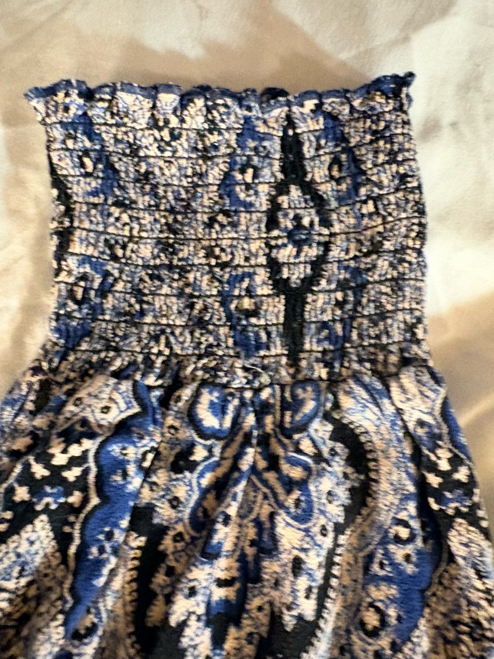 Free people- Strapless Blue & Black Paisley Smocked Jumpsuit